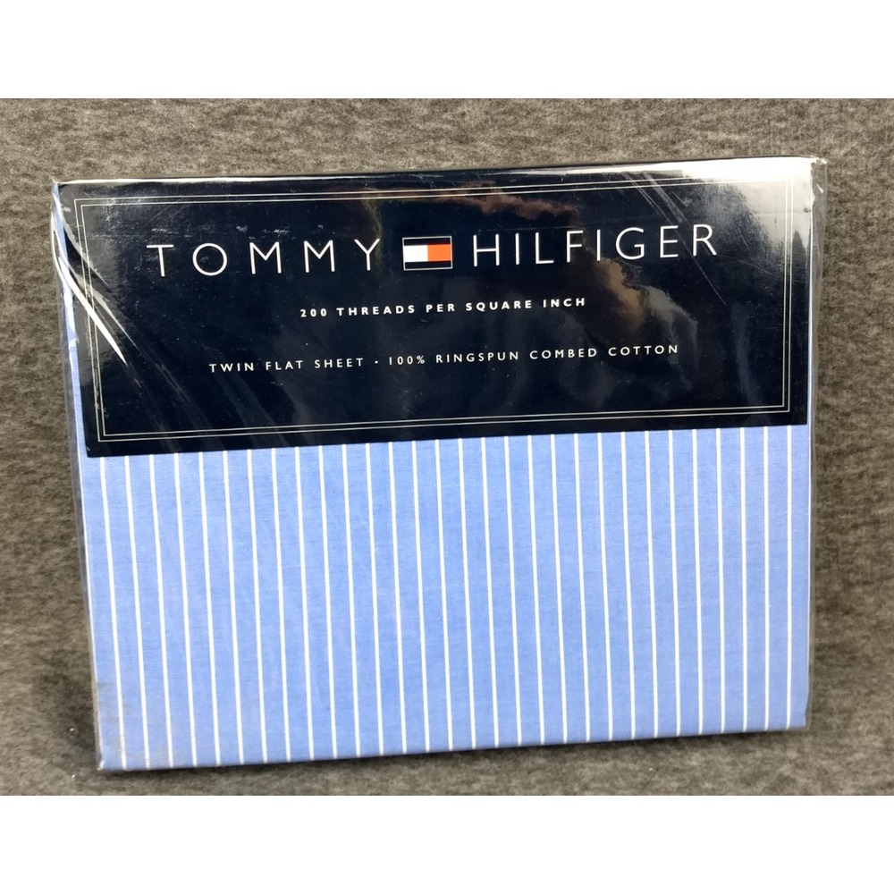 Tommy Hilfiger Twin Flat Sheet 100% Cotton Lincoln Ave Blue White Stripe NOS NEW